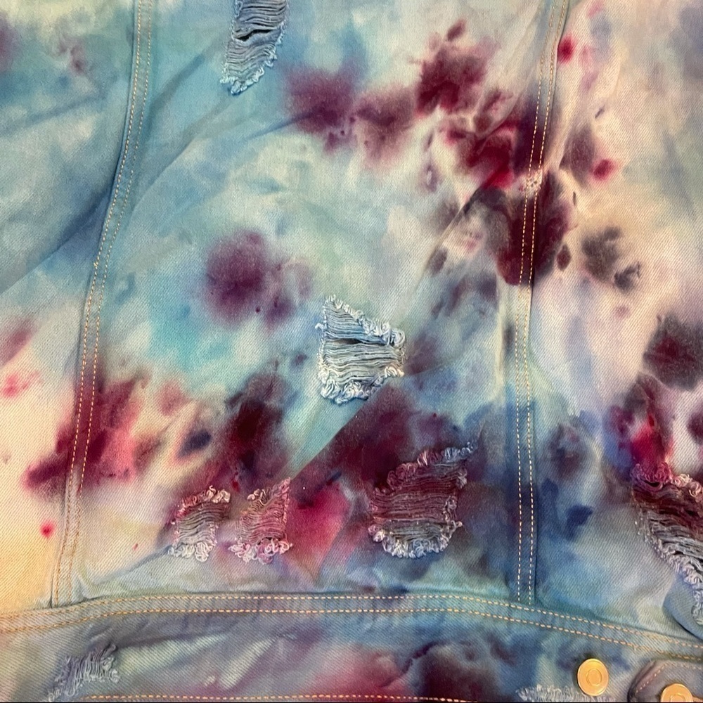 Tie dyed jean jacket distressed blue purple galaxy underwater size L - Picture 7 of 12